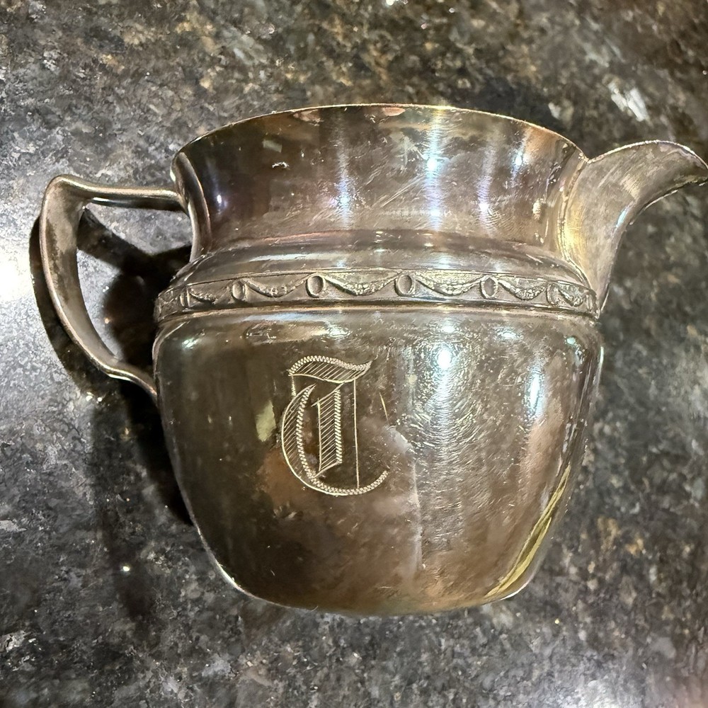 Antique Poole Silver Co EPNS Cream & Sugar set Adam Silverplated Monogrammed “T”