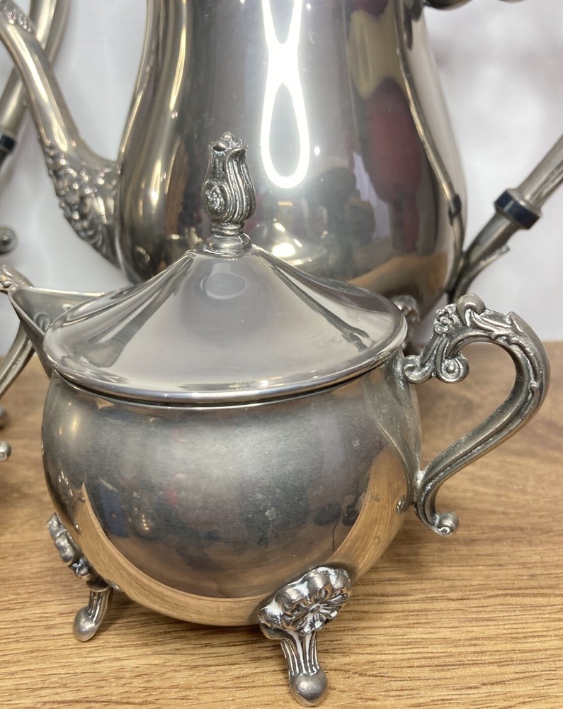 Tea & Coffee Set 4pc Ornate Embossed Flower Design Silver Plated