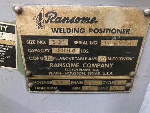 Ransome 30P Welding Positioner 3000 Lbs.