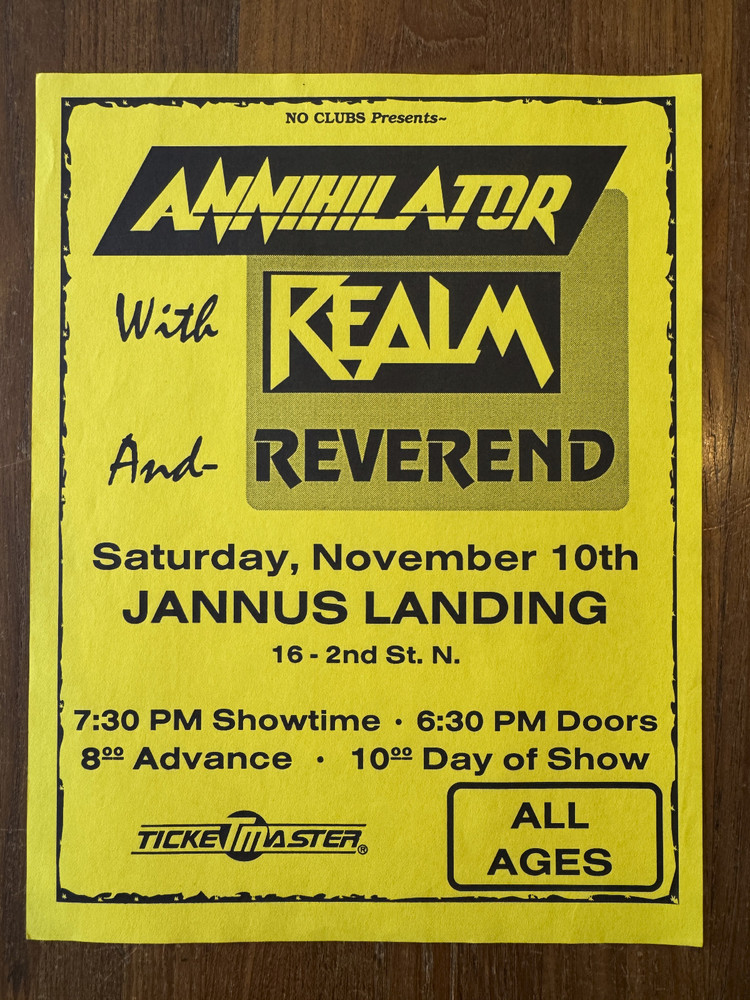 Original 1990 ANNIHILATOR, REALM, REVEREND show flyer ST PETERSBUR FLORIDA