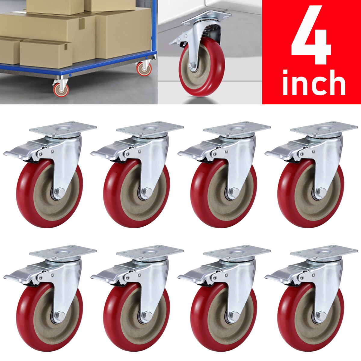 8 Pack Heavy Duty 4'' Caster Wheels Swivel Plate Polyurethane Wheels w/Brake US