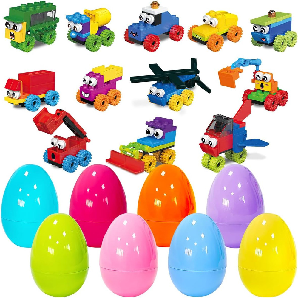 12 Pack Easter Plastic Eggs with Car Building Blocks for Easter Theme Party Favo