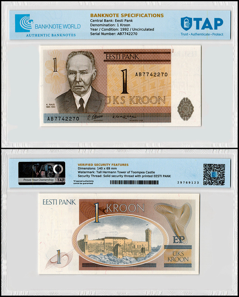 Estonia 1 Kroon, 1992, P-69, UNC Authenticated