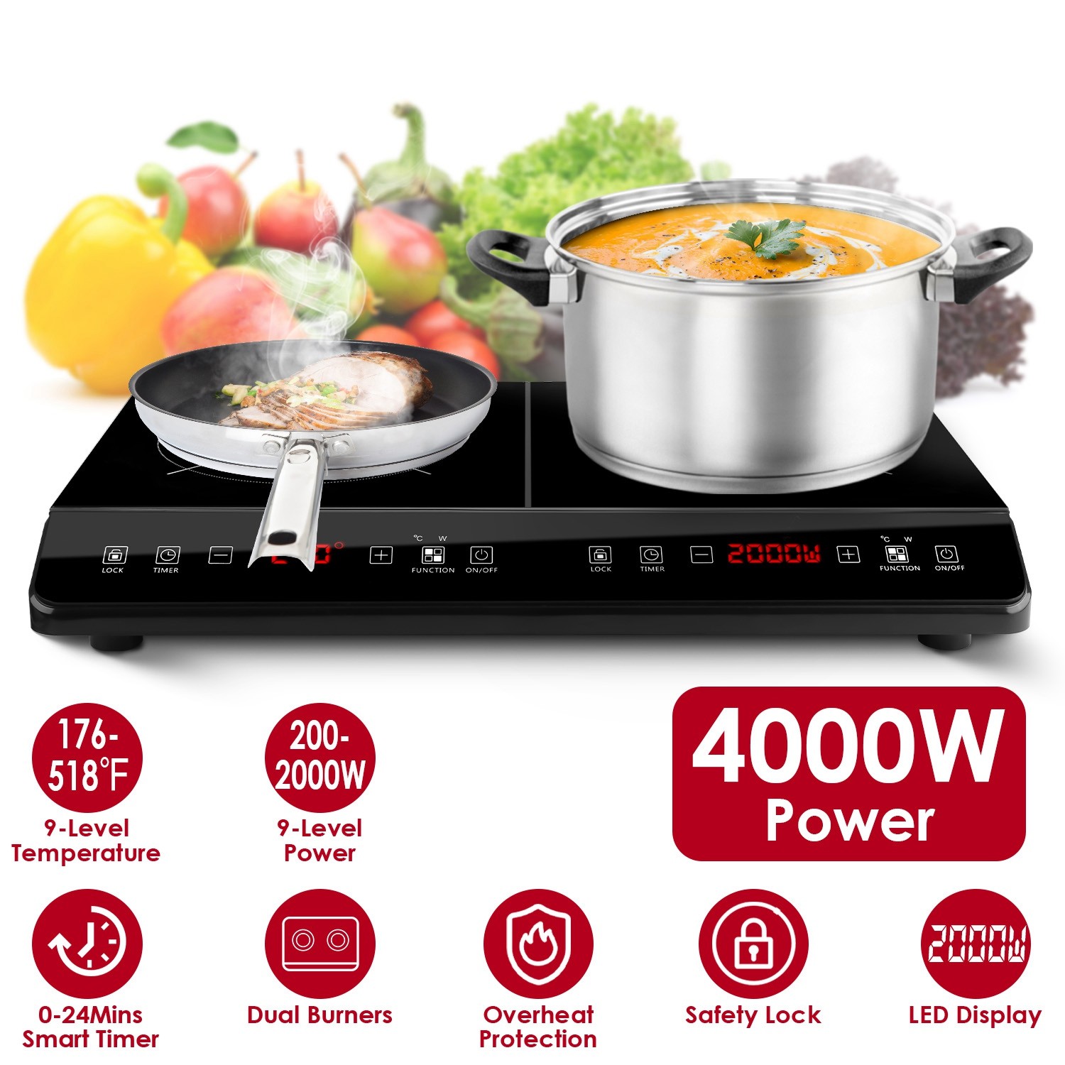 4000W Induction Cooktop Countertop Dual Cooker Burner Stove Hot Plate 9 Power