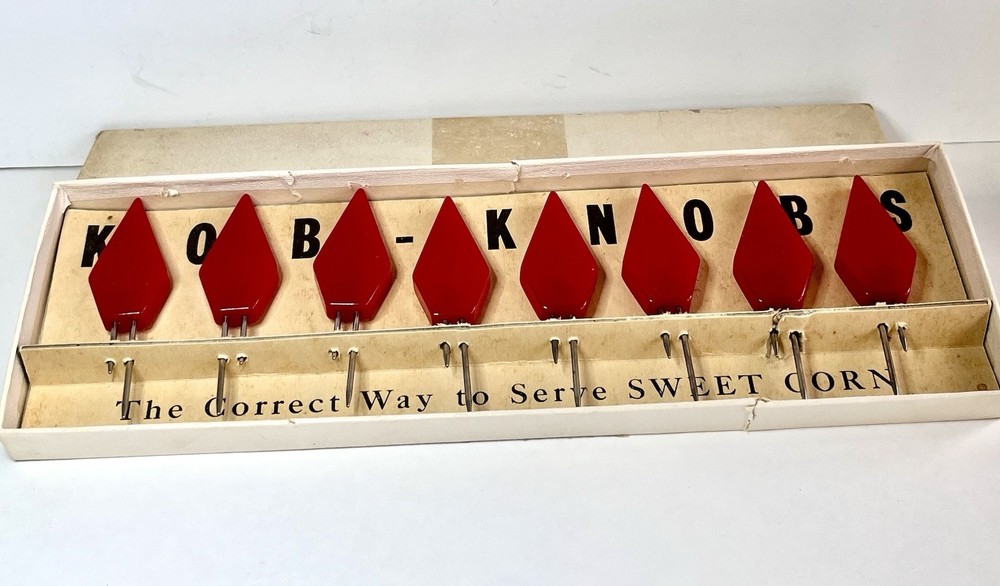 Vintage Schneider Kob Knobs Cherry Red Bakelite Corn Cob Holder Box Set Four