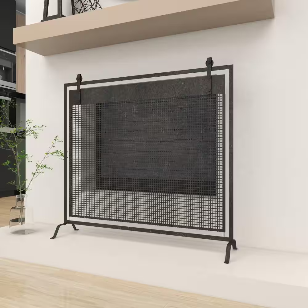 Black Metal Geometric Suspended Grid Style Netting Single Panel Fireplace Screen