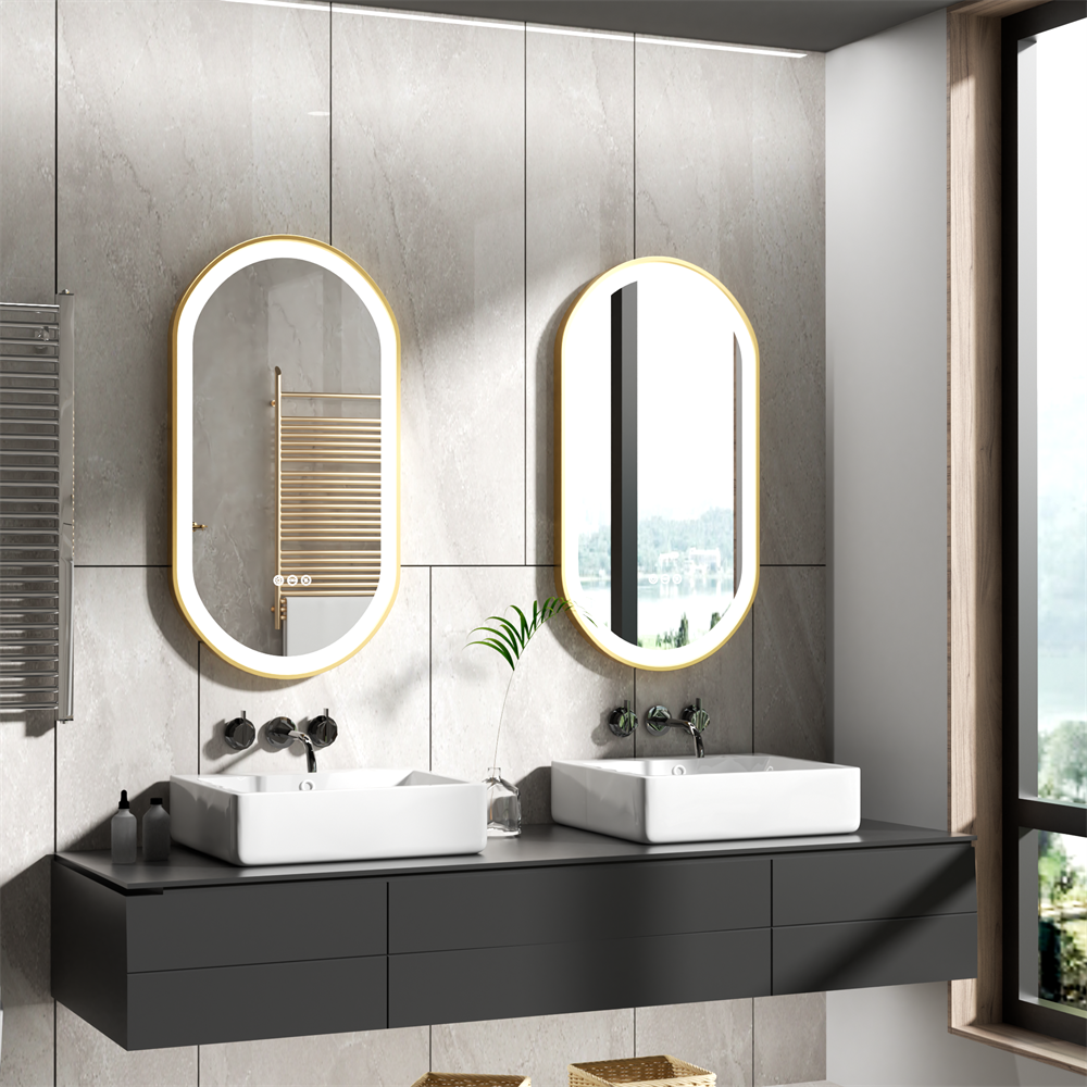 Oval LED Bathroom Mirror Gold Metal Frame Vanity Mirrors Dimmable 3 Touch Switch
