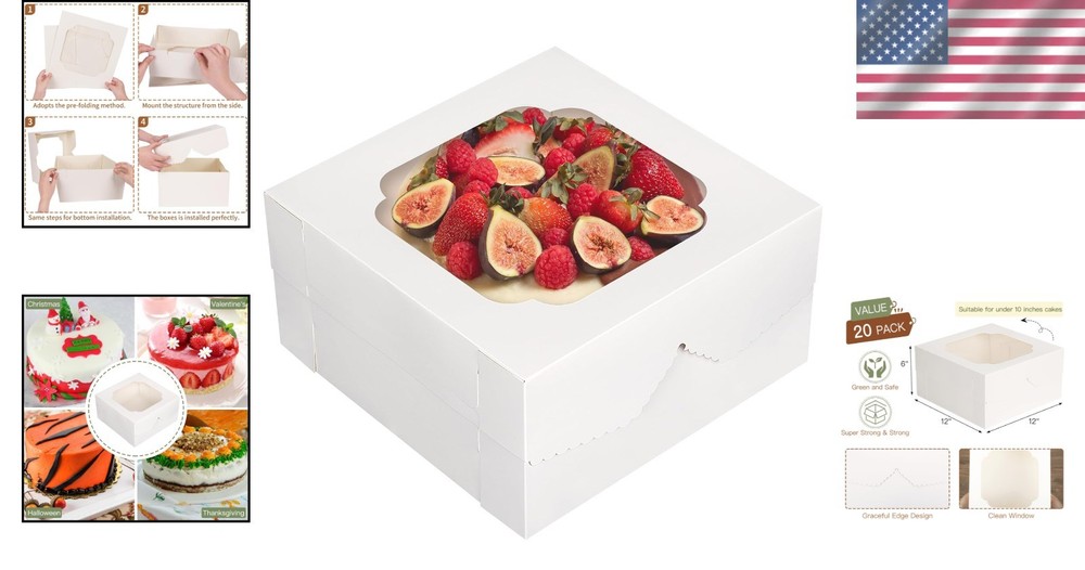 20pcs Cake Boxes, White Bakery Boxes 12x12x6Inch w/ Window