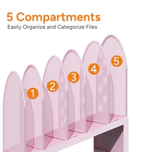 5-Section Desk File Organizer, Metal Mesh Folder Organizer for Documents, Pink