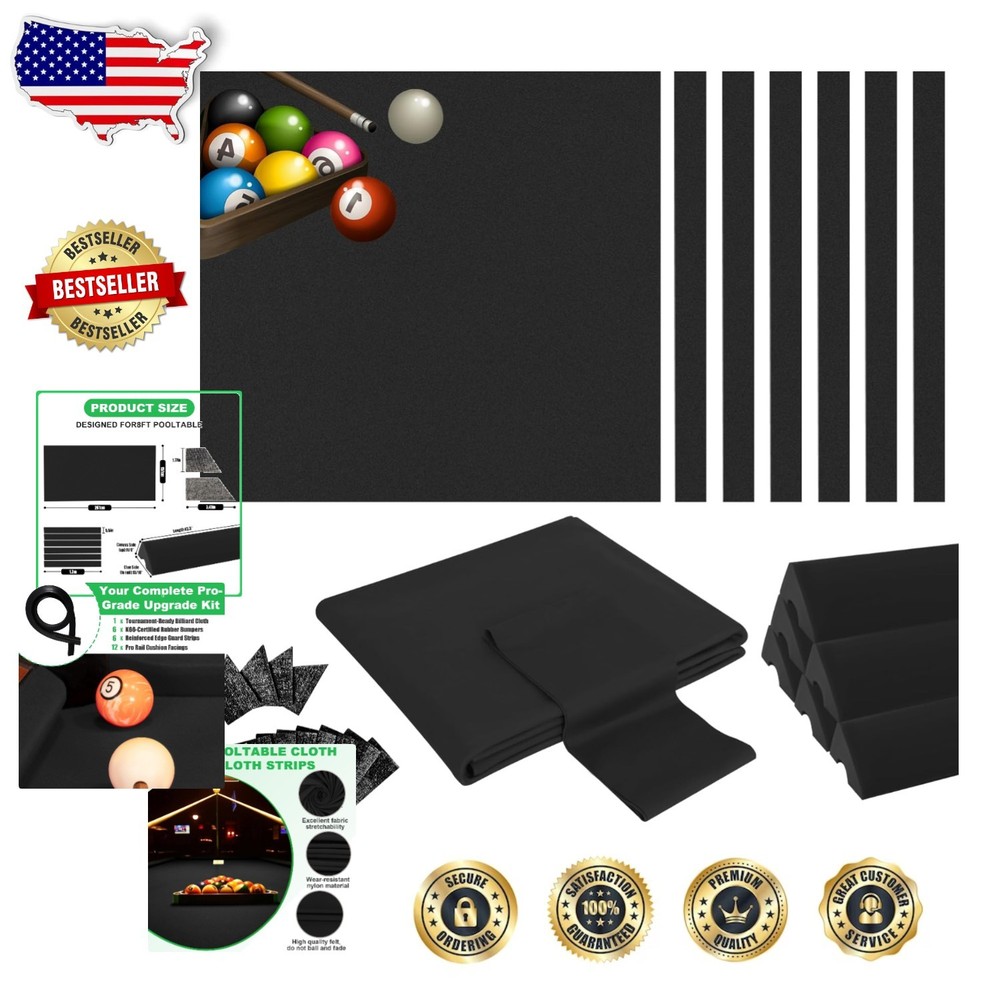 Elite 8ft Pool Table Refurbishment Kit: 6 Rubber Bumpers & 12 Felt Strips