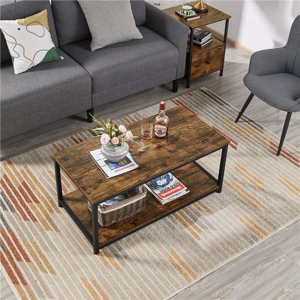 Industrial Coffee Table with Storage Shelf, Rustic Brown