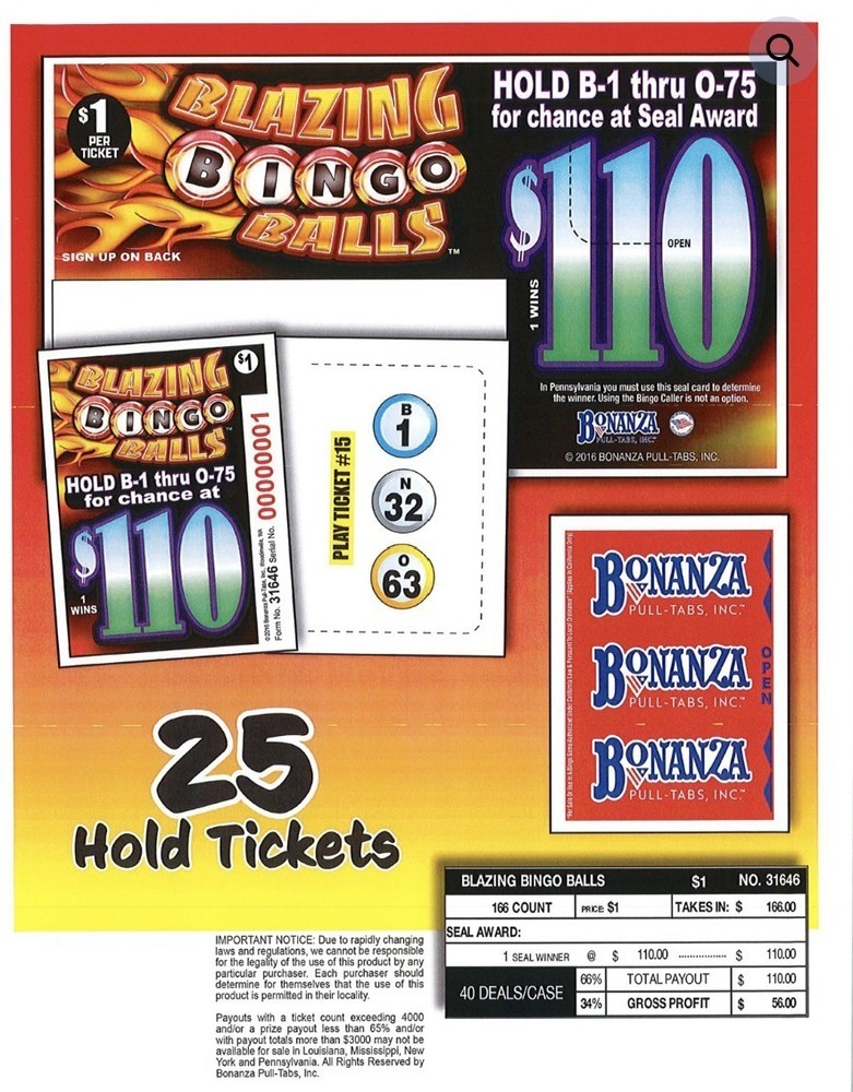 Pull Tab Ticket - Hard Card - Game- 6 Pack - Blazing Bingo Balls - 166 ct ea