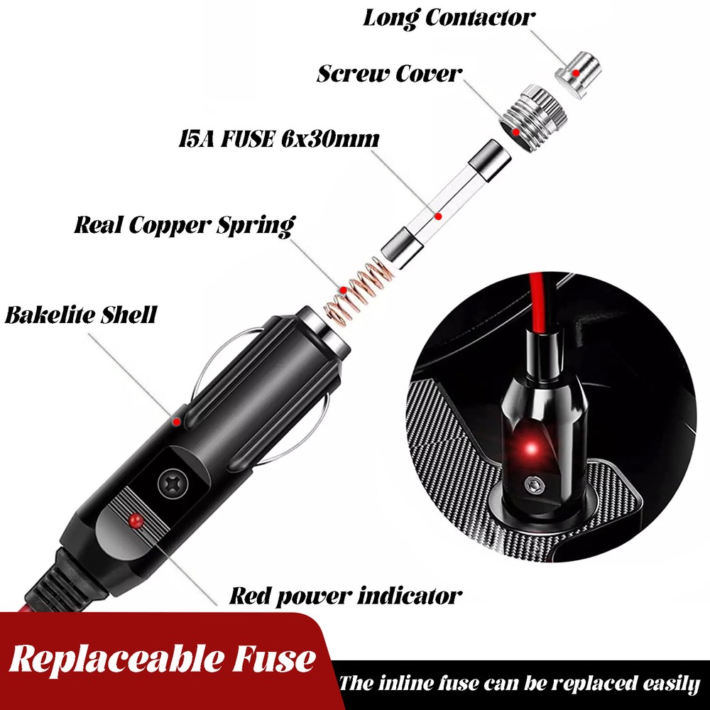 12ft Cigarette Lighter Extension Cable Cord 12-24V Heavy Duty Charge Socket Plug