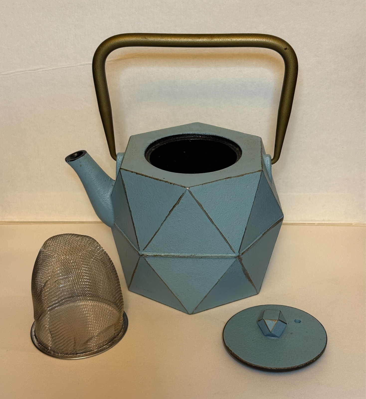 Japanese Tetsubin Cast Iron Blue Diamond Geometric Tea Kettle Stovetop w Infuser