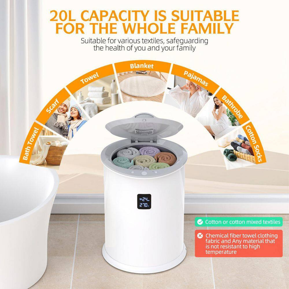 Electric Large Towel Warmer in White, LED Temperature Display, Smart Timer, Insu