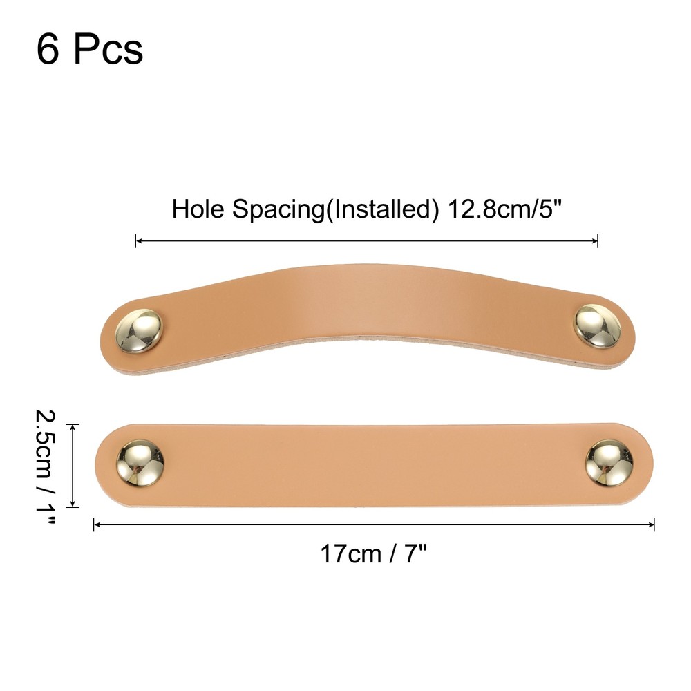 6 Packs Leather Drawer Pulls Double Hole Knobs, Beige/Gold(Hole Spacing:128mm)
