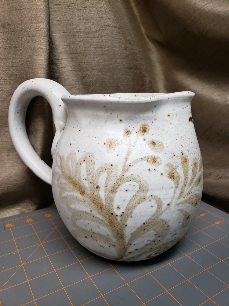 Flower Pottery Stoneware Pitcher unmarked wave big handle