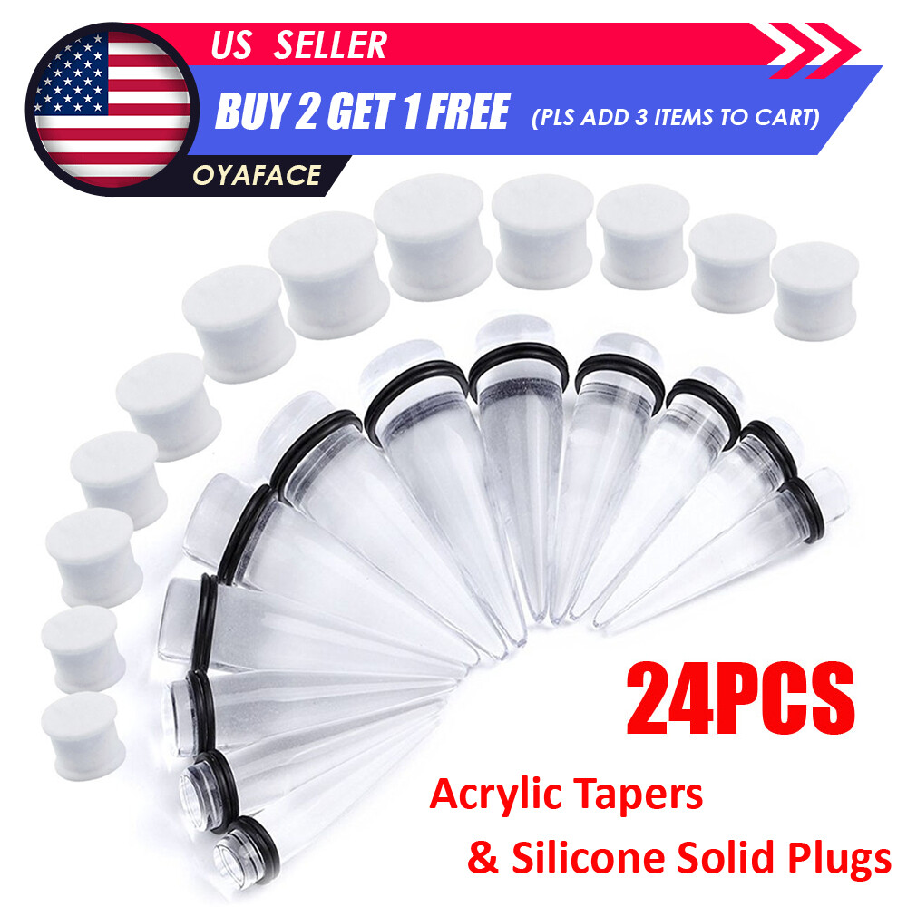 24PC Big Clear Acrylic Taper Silicone Solid Plug Ear Stretching Kit 00G-20MM
