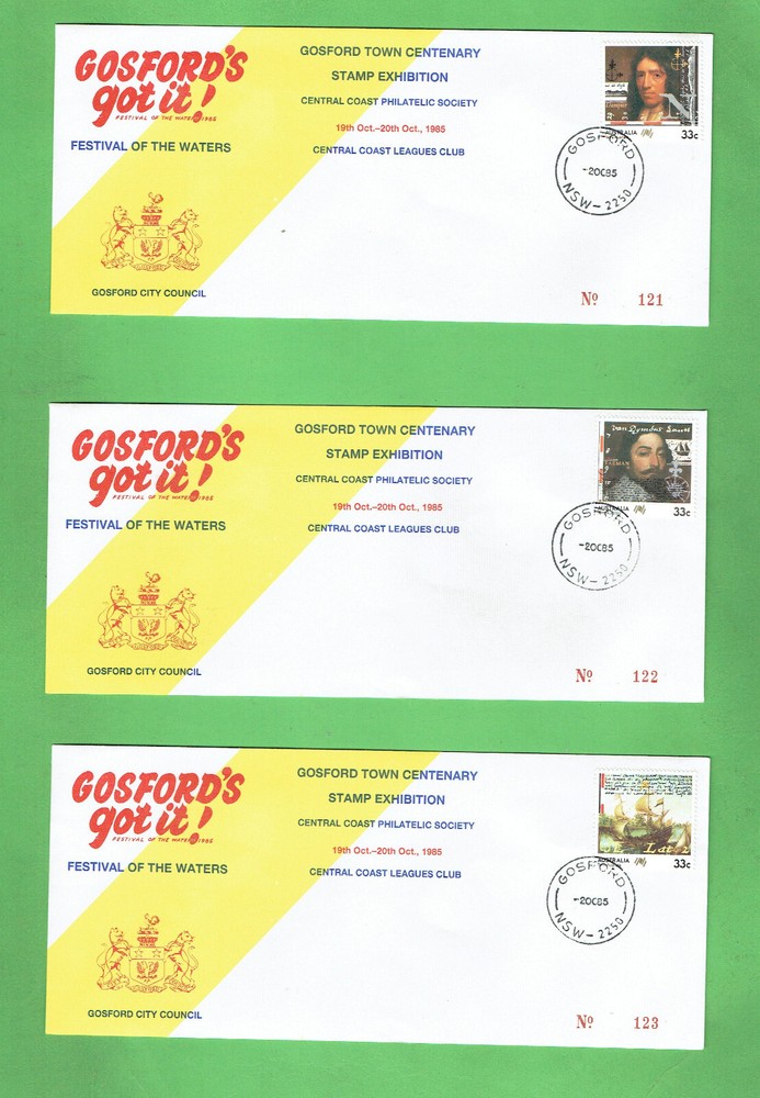 #D428.  THREE(3)  CONSECUTIVE  ENVELOPE COVERS - 1985 GOSFORD NSW TOWN CENTENARY