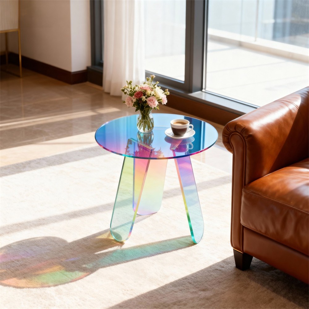 Round Iridescent Rainbow Coffee Table Acrylic Sofa Side End Table Triangle Legs