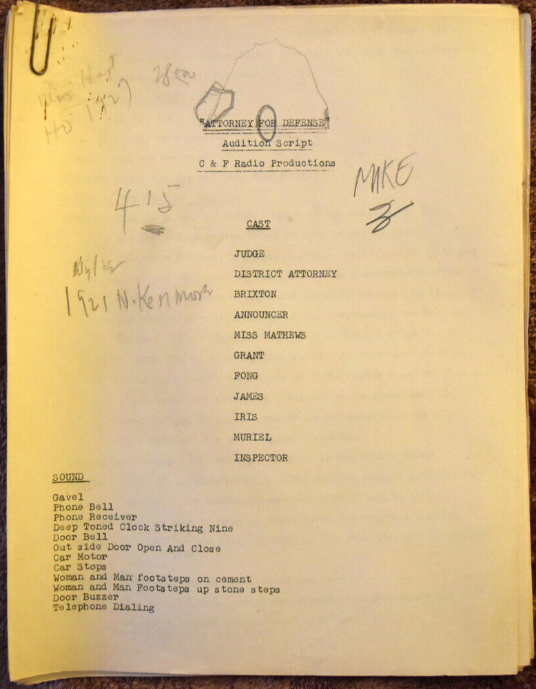 1944 Michael Raffetto " Attorney for Defence " Complete Original Audition Script