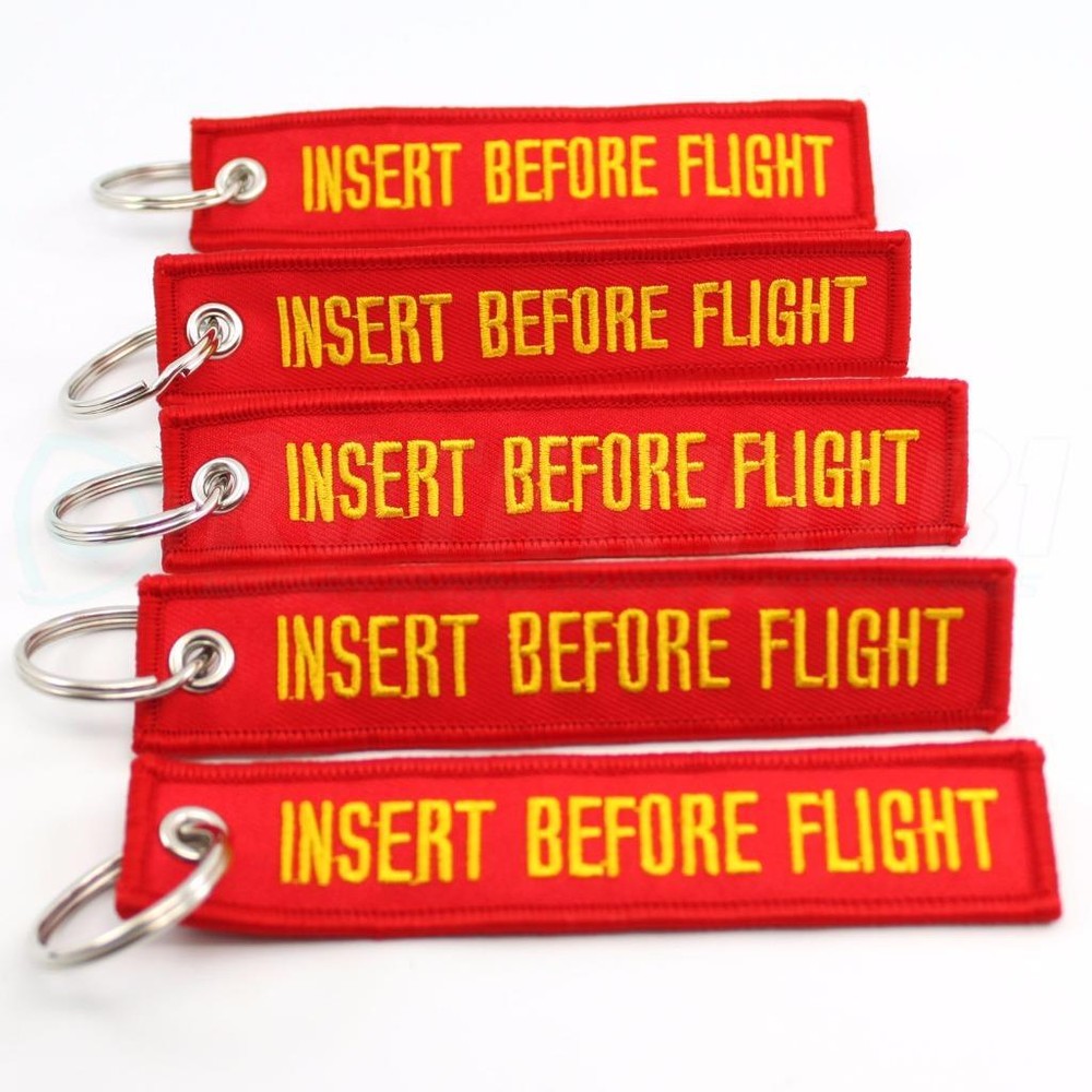 INSERT BEFORE FLIGHT QTY= 5 PCS RED/yellow KEYCHAINS RING TAGS CABIN CREW