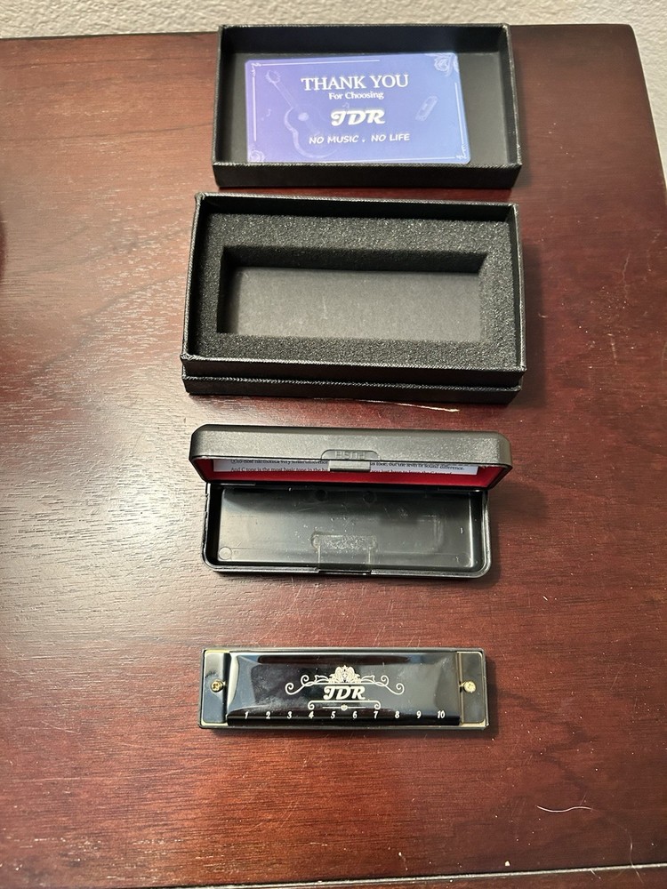 JDR 10 Hole Harmonica With Case, Cleaning Cloth, And Box