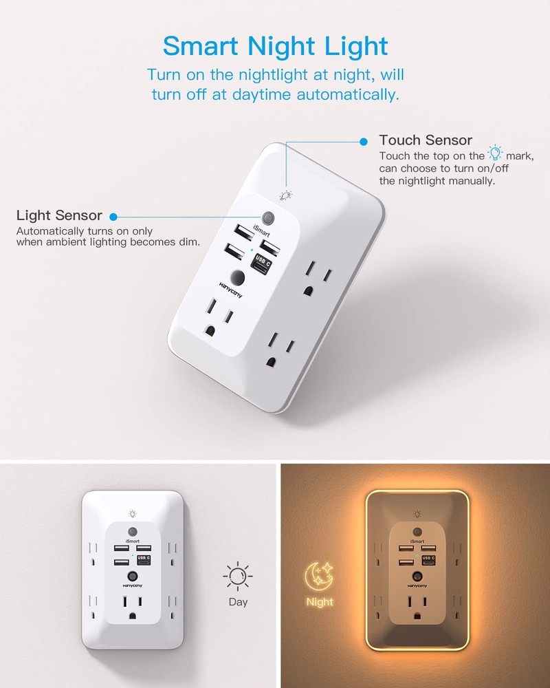 Wall Outlet Extender with Night Light USB C Surge Protector Power Splitter