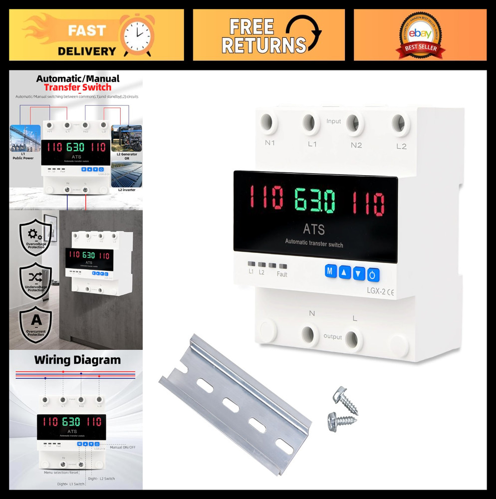 Dual Power Automatic Transfer Switch 63A 2P 110V Adjustable Generator ATS LED Di