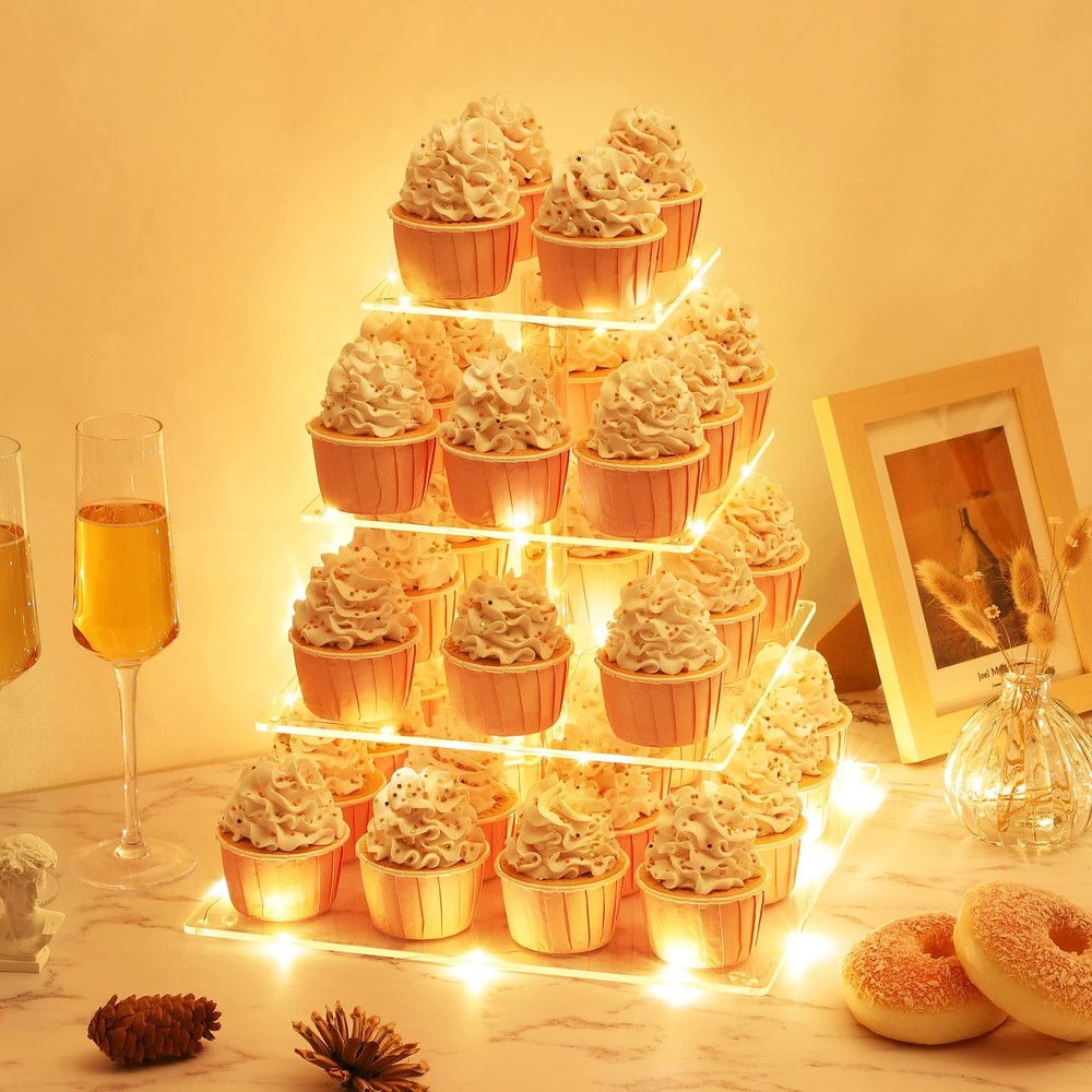 4-Tier Acrylic Cupcake Display Stand with LED String Light for Wedding Birthday