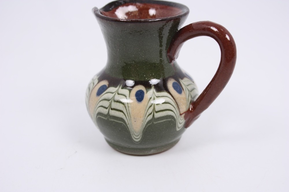 TKCB Glazed Terra Cotta Pottery Stoneware Art Studio Mini Vtg Mod 2.25" Pitcher