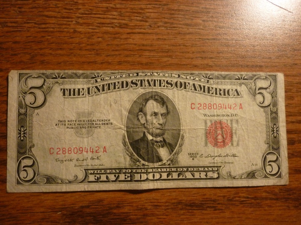 1953 B $5  Dollar Red Seal Banknote Misaligned Cutting Error