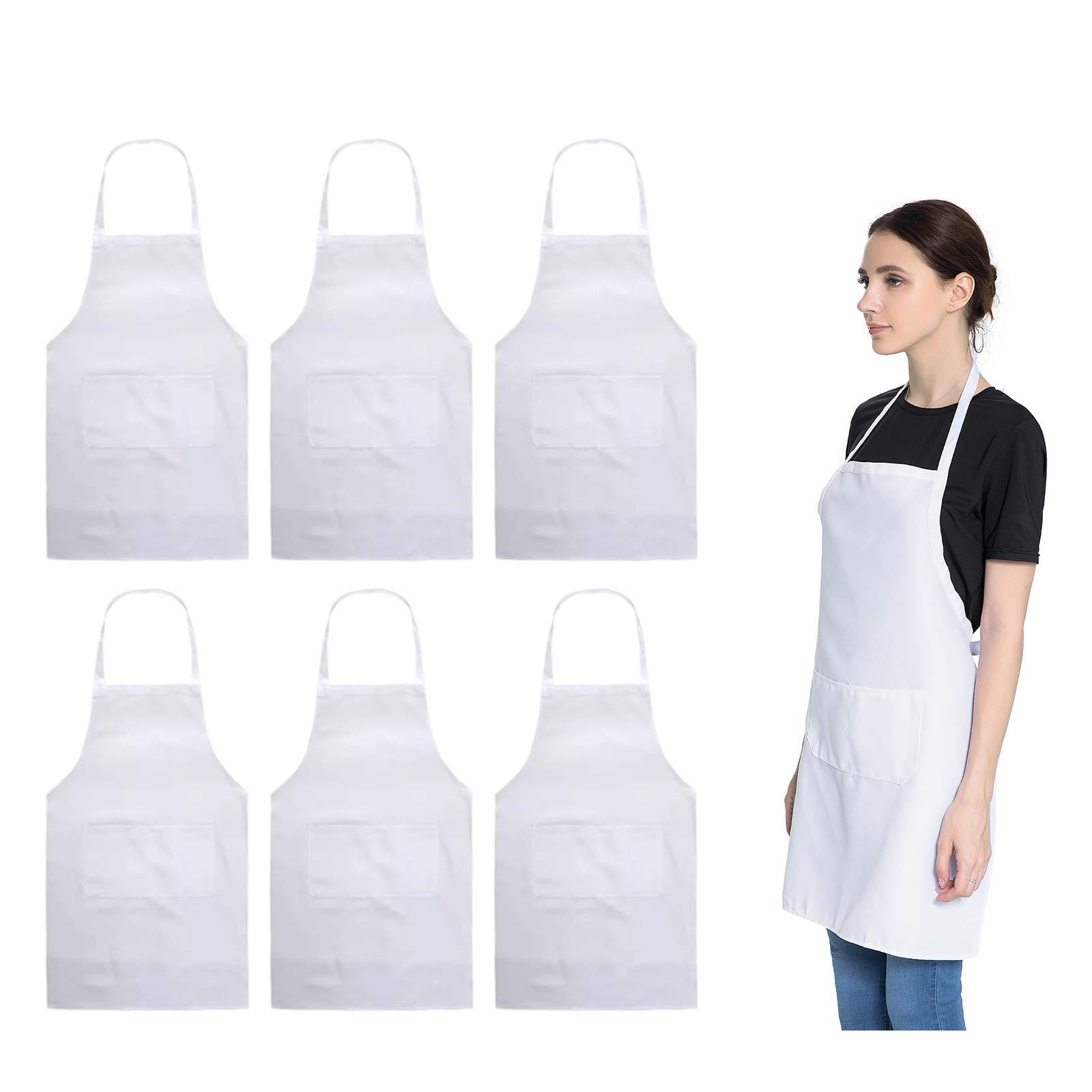 Total 6PCS White Apron for Women Adult Unisex Plain Color Bib aprons with 2 F...