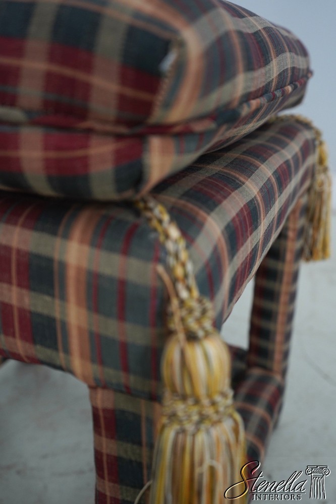 69619: Pair Custom Upholstered Plaid Print Upholstered Square Stools