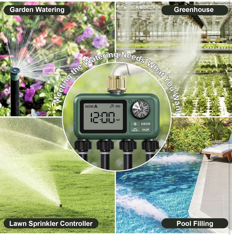 4 Outlet Sprinkler Timer Brass, Programmable Garden Hose Timer with Rain Delay,