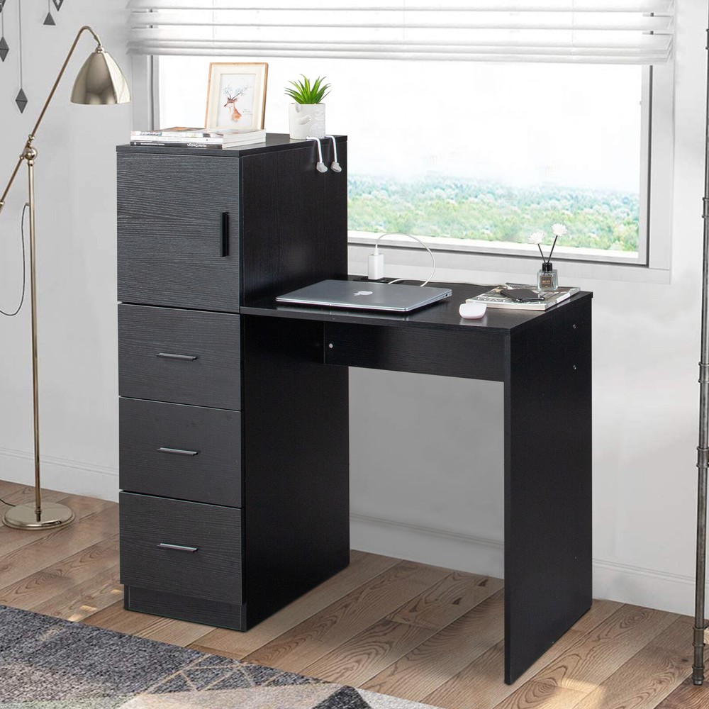Black embossed melamine particleboard computer desk with 2 power sockets