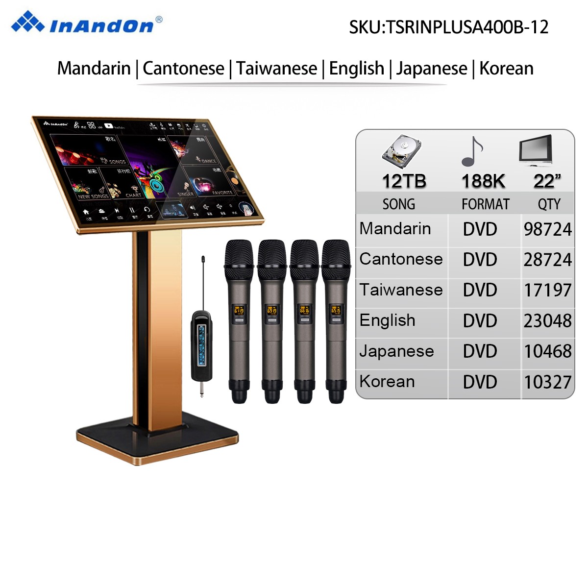 TSRINPLUSA400B-12TB 188K 22" MIC INANDON Karaoke Player Machine 22" Touch Screen