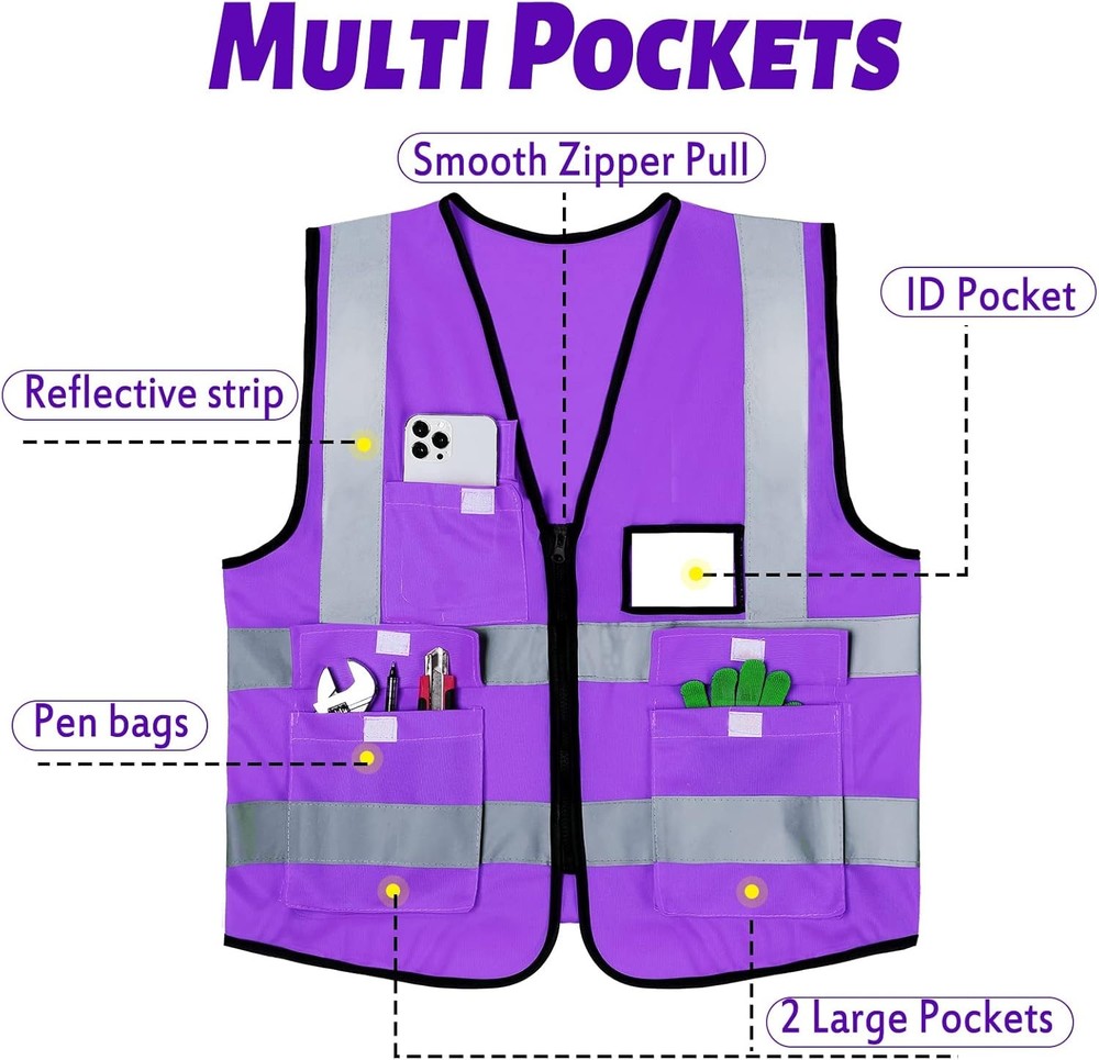 10 Pack Safety Vests High Visibility Reflective Strips for Work Purple