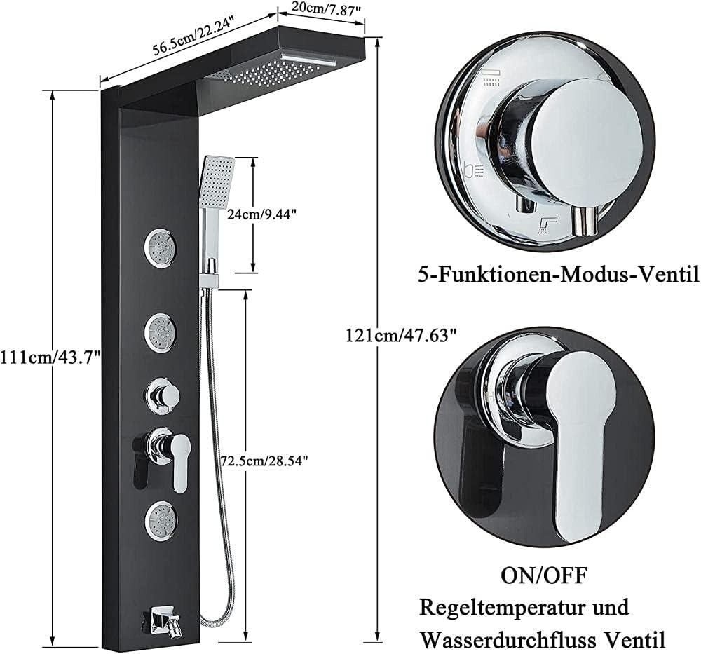 Black Shower Panel Tower System Stainless Steel Multi-function Massage Body Jets