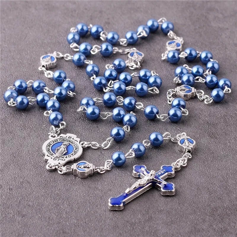 Catholic Town Rosary blue glass pearl beads Enamel Crucifix and Miraculous medal