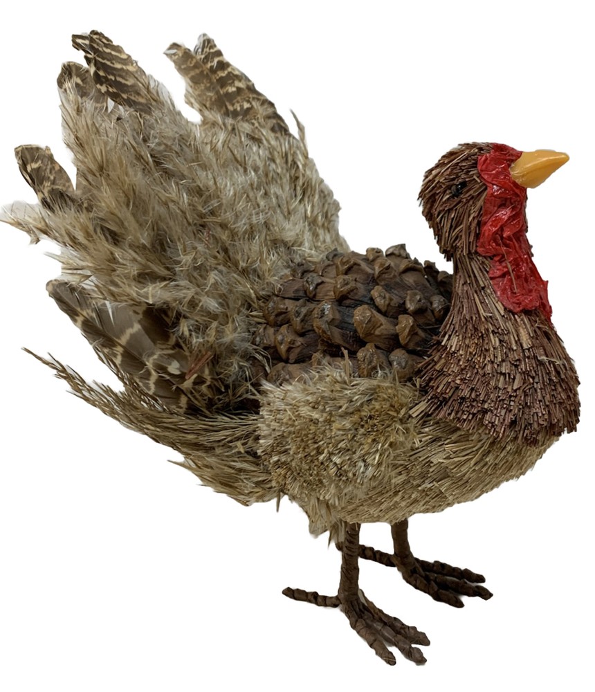 10” Natural Materials Turkey Statue Pinecone Feathers Rustic Thanksgiving Décor