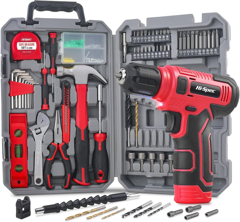 Tool Set with 8V Cordless Drill Set. Complete DIY Tool Kit with USB Rechargeable