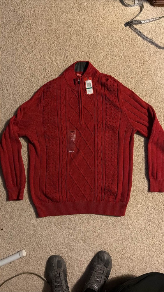 IZOD Mens Red Cable Knit Quarter Zip Pullover L NWT