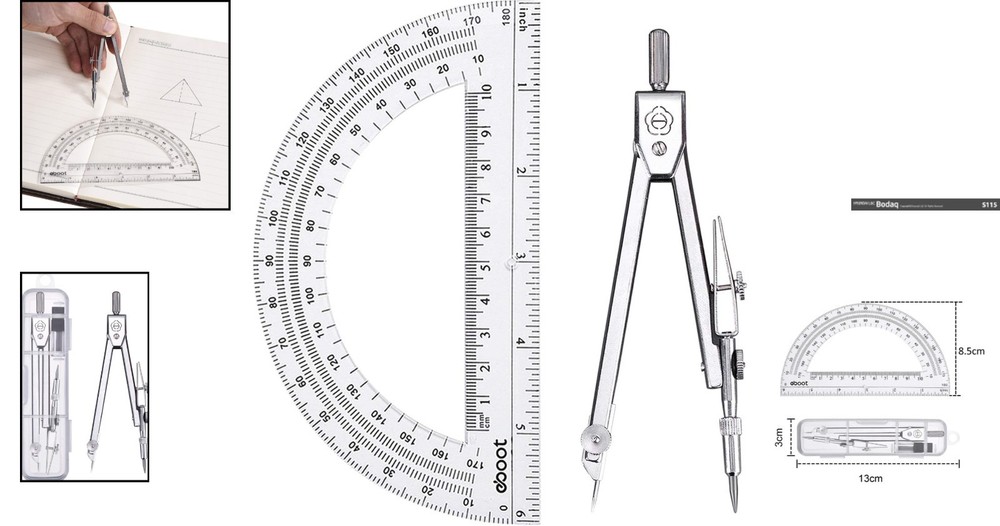 Clear 6 Inch Protractor & Stainless Steel Compass - Geometry Essentials Set