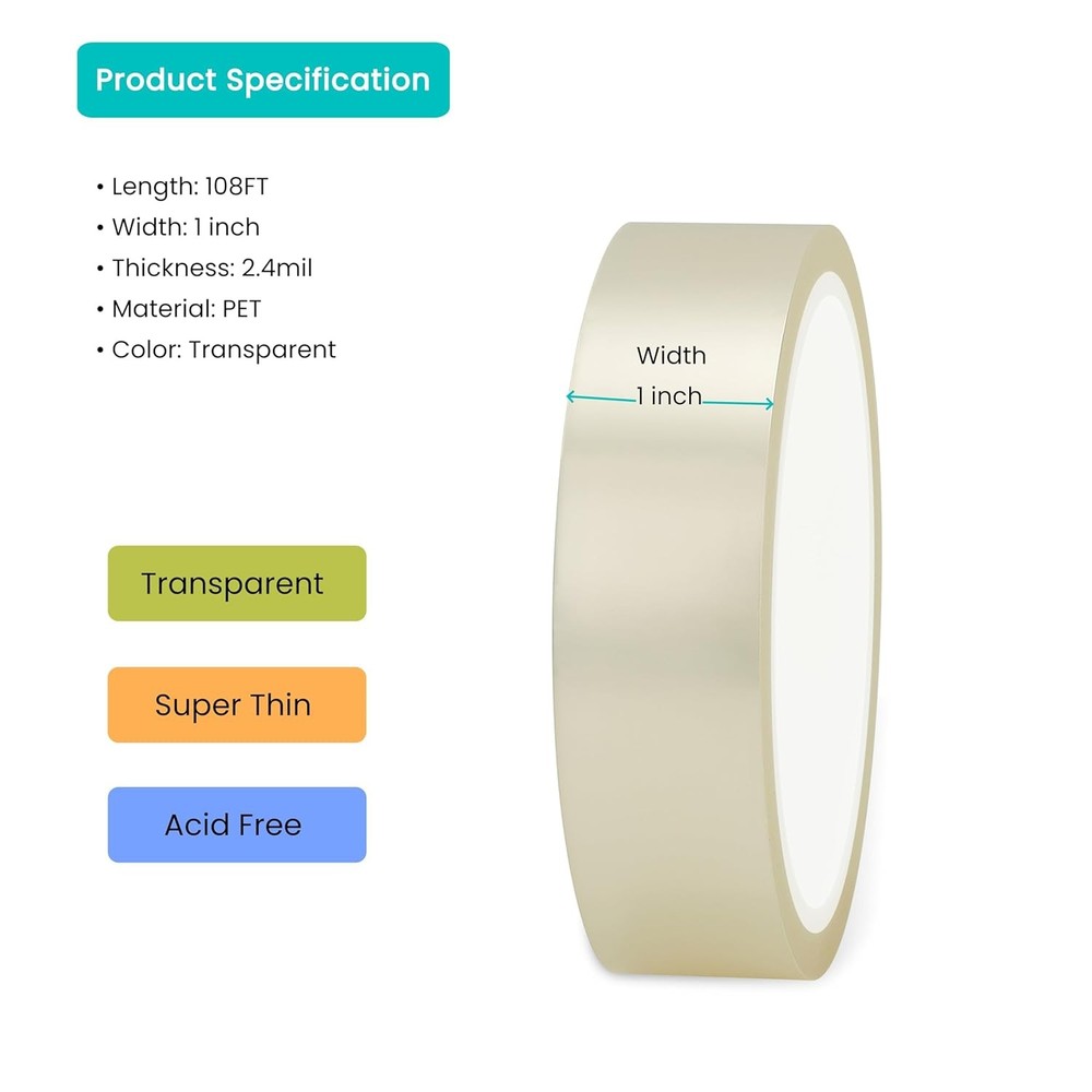 Transparent Book Tape 1inx108ft Thin Archival Safe