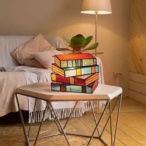 Stained Resin Stacked Books Lamp Tiffany Style Table Lamp Home Decor Book Lamps