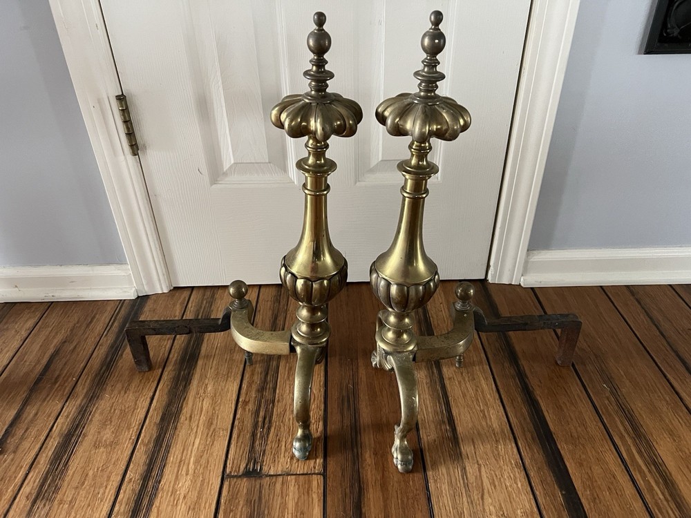 Pair Antique French Empire Style Solid Brass Fireplace Andirons Firedogs