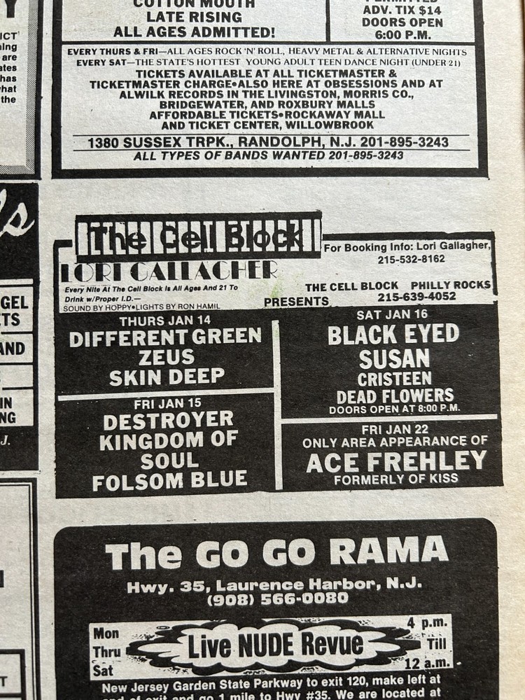 KISS Concert Ad Advert ACE FREHLEY 1993 Cell Block Philadelphia PA Vintage Kiss