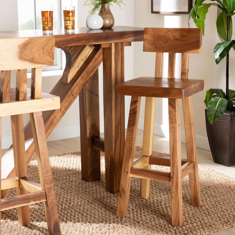 Luli Suar Wood Bar Stool - Handcrafted Solid Wood Stool with Low Backrest, Ru...
