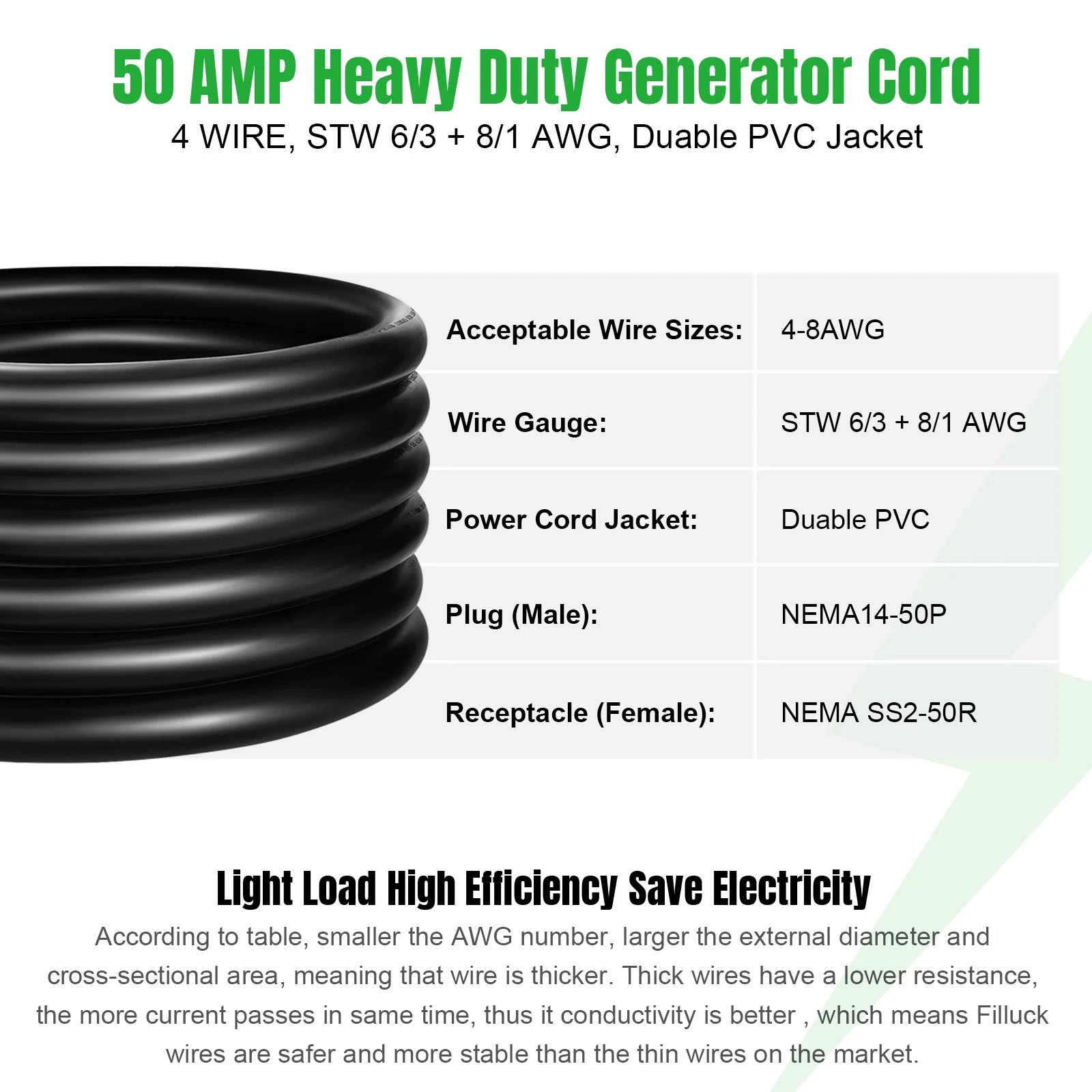 50 Amp Extension Cord 25FT 125/250V STW Gauge NEMA 14-50P to SS2-50R